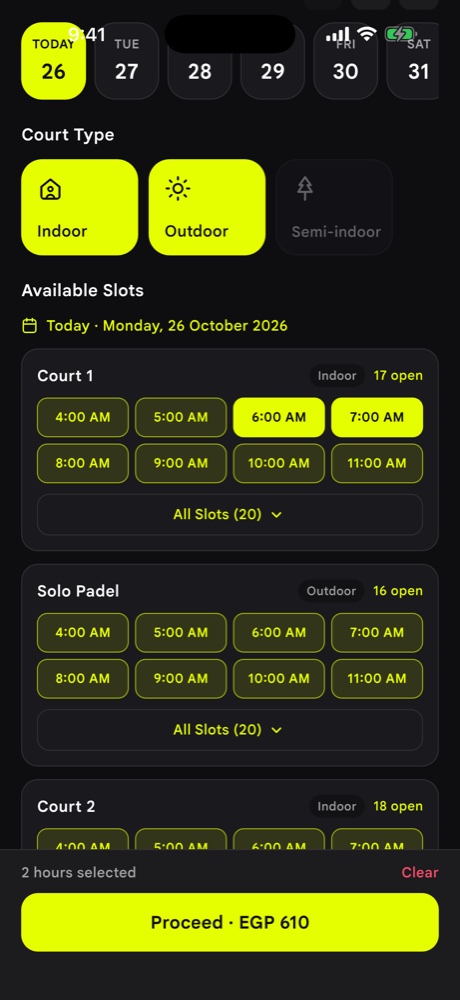 Choosing court slots with a live Proceed total